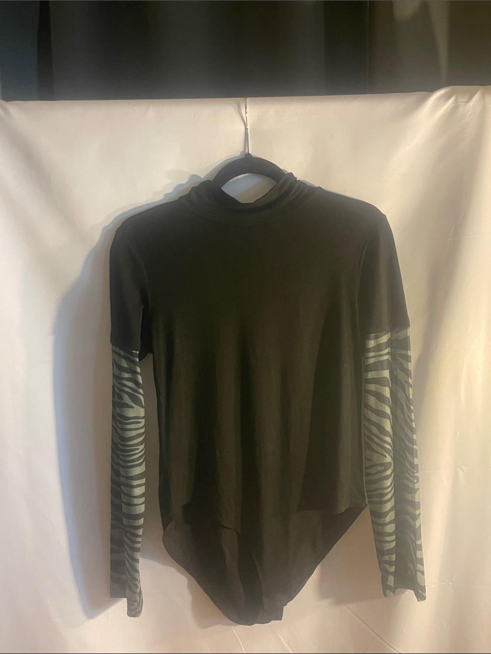 Black Long Sleeve Bodysuit with Zebra Print Sleeves